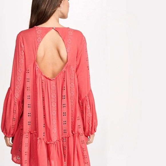 Free People Sweetest Dream Tunic Top L Coral Pink Boho Open Back NWT - Picture 3 of 12